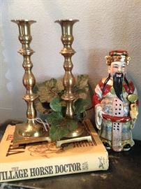  Pair of brass candlesticks; Asian figurine