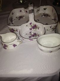 Serving dish with violets - matching creamer and sugar