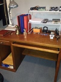 Computer desk; desk lamp, office supplies
