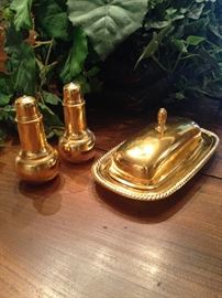 Gold colored salt & pepper and butter dish