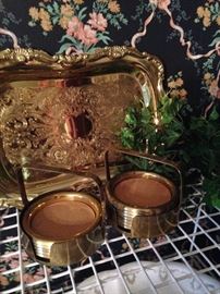 Brass tray and coasters in holders