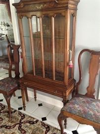 Antique display cabinet; pair of  miscellaneous chairs