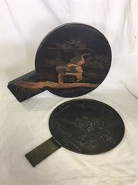 Antique Chinese or Japanese Bronze Hand Mirror with it's Lacquered Case 