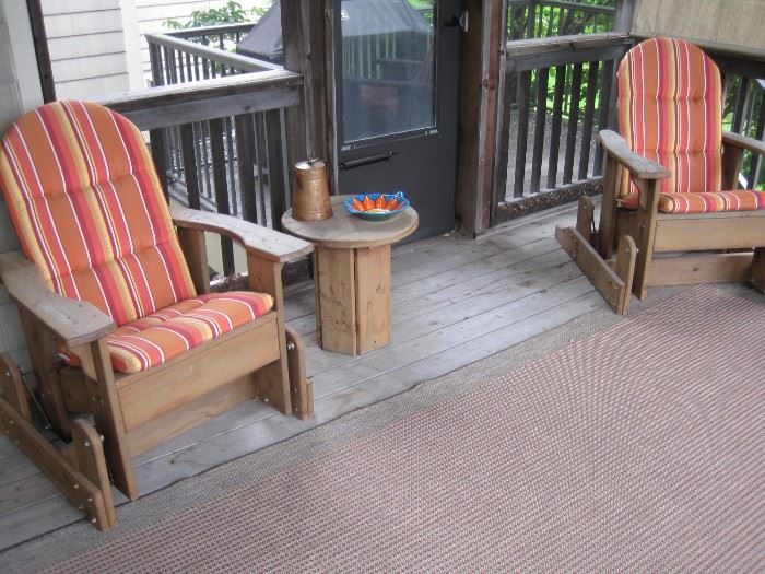 Patio Set by Kaylee with Sunbrella Cushions, (2 gliders, 2 armchairs with foot rests and 2 tables).