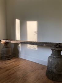 $590
Three piece side board
Heavy stone pillars ( need two women to haul )
Antique expandable panel shelf - sits at 88 inches long closed / 13 deep