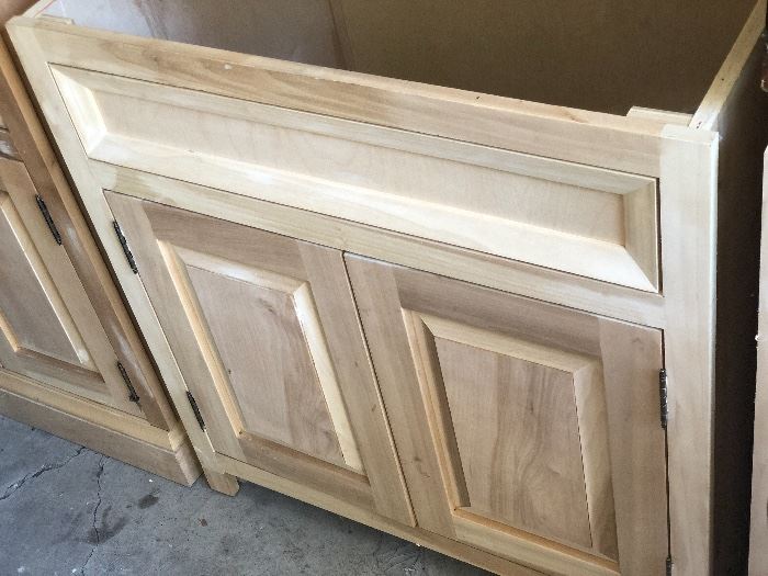Set custom raw cabinets 
Exposed brass hinges and soft close drawers. Decided not to use.
Perfect condition! 
$200 a piece - must see whole set 
Ready to be installed and painted! 