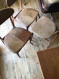 Set of 6 mid century dining chairs 
Reupholstered with beautiful re-claimed leather / center seam. 
$130 per chair / $780 set