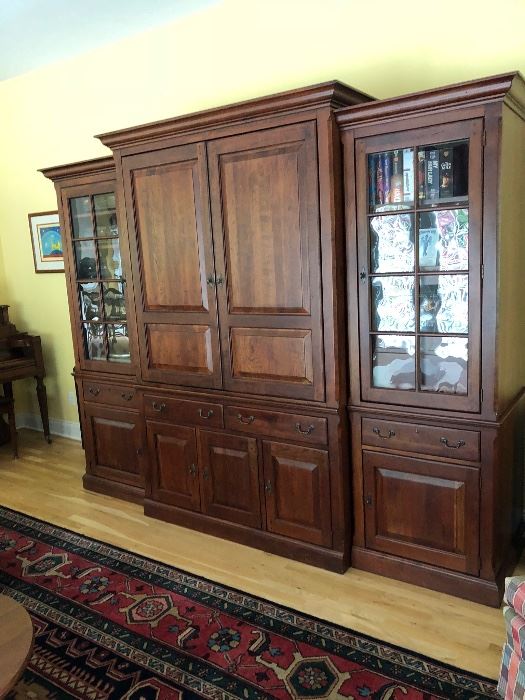 Hand-crafted mahogany entertainment center with pull out shelving and endless storage