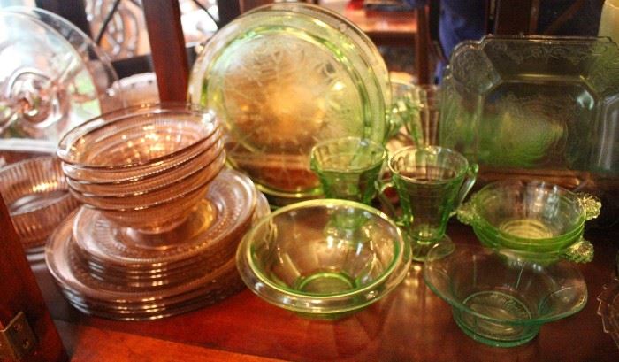green and pink depression glass