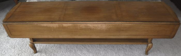 Extra long drop leaf maple coffee table with shelf