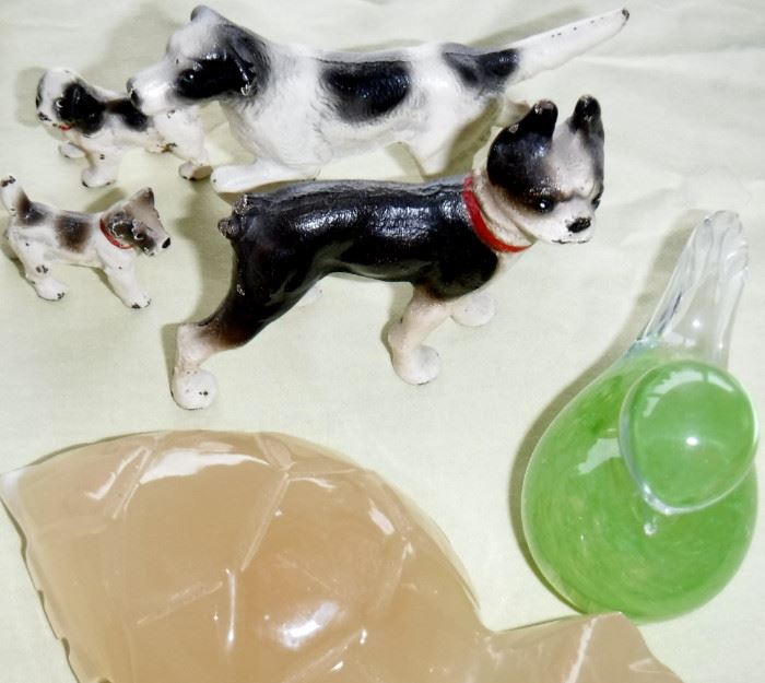 Metal dogs, art glass & marble 