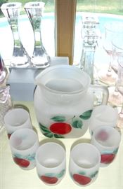 Crystal candle holders & satin glass pitcher & glasses