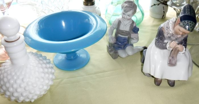 Milk glass, pedestal dish & figurines