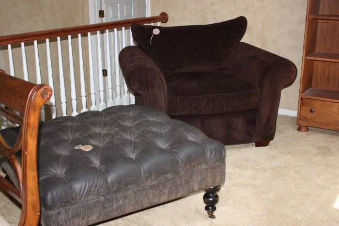 Corduroy covered 2 seat chair, leather ottoman, coffee table