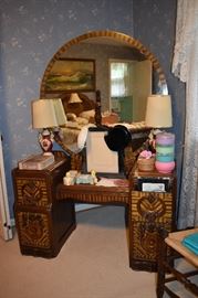 Most Awesome Bedroom Set! Combining Arts & Crafts/Art Deco/Touches of Waterfall this Exquisite circa 1920's - 1940's Bedroom Set features a most Intricately Carved, Inlaid, and Burled: Bed, Mirrored Dresser, and Chest This is truly a One of a Kind Beautiful Bedroom Suite!