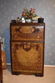 Most Awesome Bedroom Set! Combining Arts & Crafts/Art Deco/Touches of Waterfall this Exquisite circa 1920's - 1940's Bedroom Set features a most Intricately Carved, Inlaid, and Burled: Bed, Mirrored Dresser, and Chest This is truly a One of a Kind Beautiful Bedroom Suite!