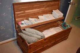 Vintage Cedar Chest with Embroidered Pillow Cases, Feather Pillows and More!