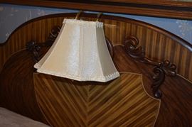 Most Awesome Bedroom Set! Combining Arts & Crafts/Art Deco/Touches of Waterfall this Exquisite circa 1920's - 1940's Bedroom Set features a most Intricately Carved, Inlaid, and Burled: Bed, Mirrored Dresser, and Chest This is truly a One of a Kind Beautiful Bedroom Suite! Also take note of the Vintage Headboard Bed Lamp!