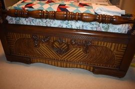 Most Awesome Bedroom Set! Combining Arts & Crafts/Art Deco/Touches of Waterfall this Exquisite circa 1920's - 1940's Bedroom Set features a most Intricately Carved, Inlaid, and Burled: Bed, Mirrored Dresser, and Chest This is truly a One of a Kind Beautiful Bedroom Suite!