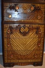 Most Awesome Bedroom Set! Combining Arts & Crafts/Art Deco/Touches of Waterfall this Exquisite circa 1920's - 1940's Bedroom Set features a most Intricately Carved, Inlaid, and Burled: Bed, Mirrored Dresser, and Chest This is truly a One of a Kind Beautiful Bedroom Suite!