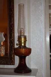 A Gorgeous Pair of Rare Aladdin Brown Amber Glass Lincoln Drape Oil Lamp - Aladdin Chimney & Burner