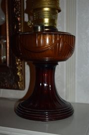 A Gorgeous Pair of Rare Aladdin Brown Amber Glass Lincoln Drape Oil Lamp - Aladdin Chimney & Burner