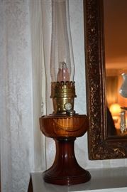 A Gorgeous Pair of Rare Aladdin Brown Amber Glass Lincoln Drape Oil Lamp - Aladdin Chimney & Burner