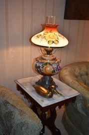 Gorgeous Vintage Table Lamp with Hand Painted Base and Shade sitting atop a Beautiful Victorian Marble Top End Tabel (there are 2) also here is a solid Brass Duck
