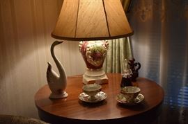 Beautiful Victorian Hand Painted Table Lamp with Vintage Cups & Saucers, Swan Figurine, and Vintage Crystal Cranberry Glass Bell