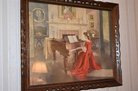 Vintage Antoni Ditlef Print Framed Lady in Red Dress Playing Piano - 21"H X 33"W Beautiful print from the 1800's in Excellent Condition!