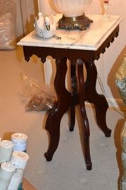 A Closer Look at the Base of these Gorgeous matching Victorian Marble Top Lamp Tables