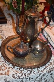 Antique Silver Tea set featuring Crooked Neck Pot plus Creamer & Sugar