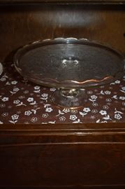 Depression Glass Cake Plate Compote with Lyre design in the Glass