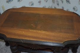 1920's Scalloped Edge Occasional Table with inlaid top and Tudor Carved Legs - Gorgeous Table - Beautiful Carvings!