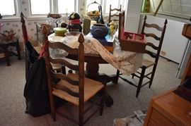 Antique Round Oak Dining Table, Ladder Back Rush Seated Chairs and More!