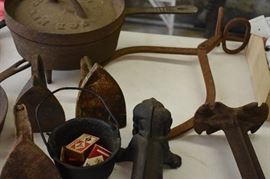 Antique Ice Tongs, Sad Irons, Shoe Lathe, Miniature Cauldron and Cast Iron Daschund Shoe Scrapper