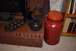 Antique Milk Can and Cast Iron Cook Ware plus Antique Cast Iron Tea Pot