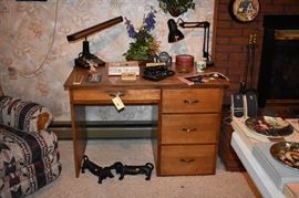 Student Desk with Desk Lamps, Collectible Items and 2 Dachshund Cast Iron Shoe Scrappers