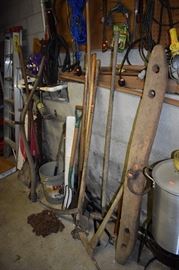 Fabulous Antique Oxen Yoke, Hand Garden Tools plus Large Antique Wheat Scythes