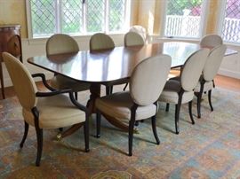 Trosby Furniture double pedestal dining table with 10 custom chairs