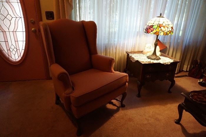wing back arm chair, leaded glass lamp, end table