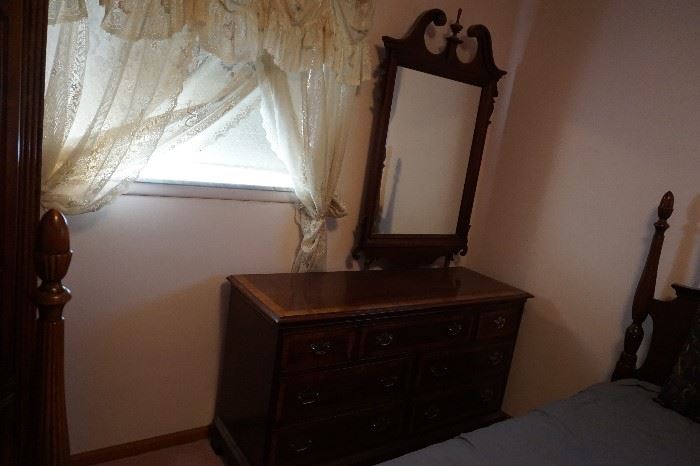  Mahogany dresser w/ mirror, drapes