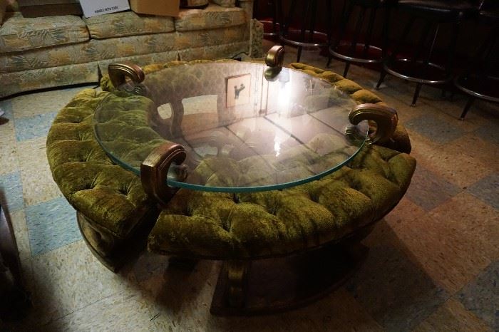 glass coffee table w/ surrounding stools