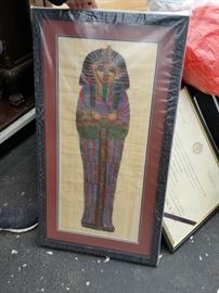 egyptian painting on papyrus in custom frame, original receipt attached on reverse