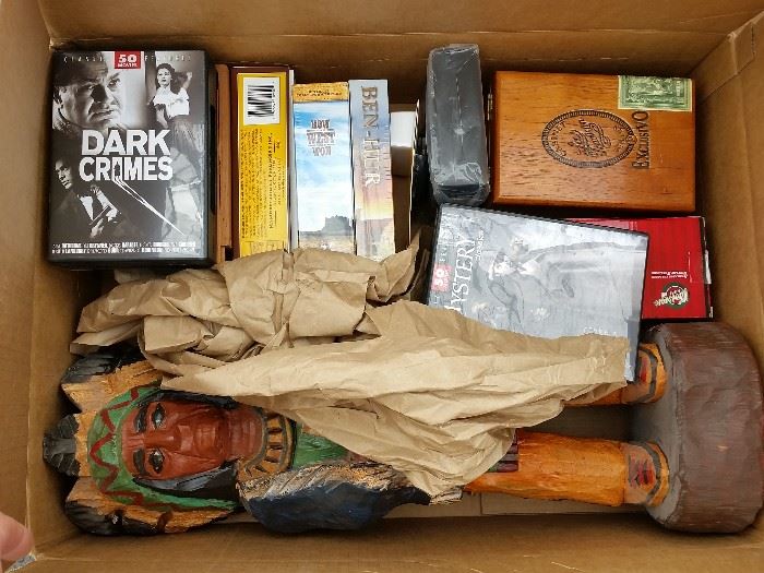 cigar boxes, carved wooden indian, DVDs