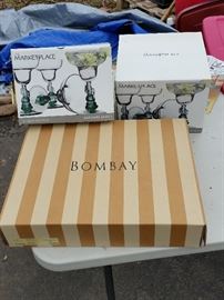 Bombay Company wall cabinet, bar ware margarita glasses new in box