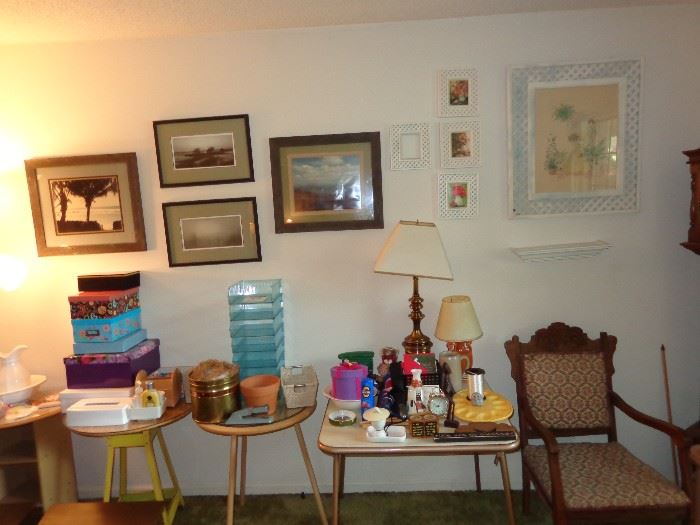 Photo Boxes, Framed Art, Vintage Accent Chair, Round Tables