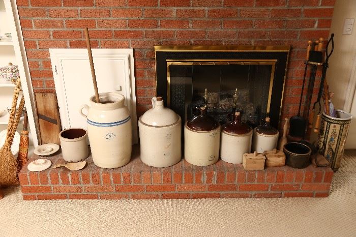 Large churn is by Suggs of Mississippi; another stoneware crock is by Red Wing.
