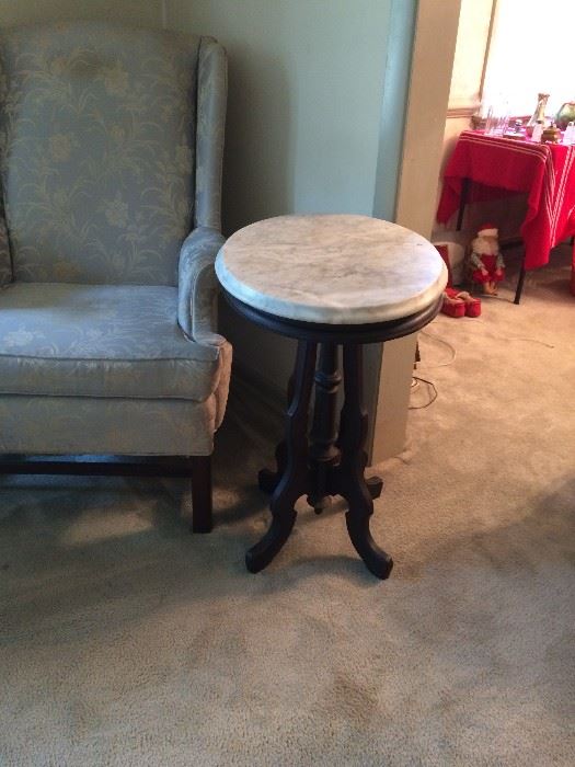 Antique Victorian marble coffee table. Beveled marble top and mahogany wood base. 