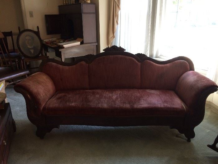 Antique Victorian Duncan Phyfe style  Sofa. Reddish pink fabric.